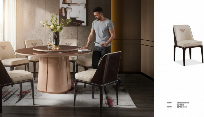 Lieder Luxus Beige Grupp Fauteuil Modernen Design Miwwel Iesszëmmer Holz 6 Still