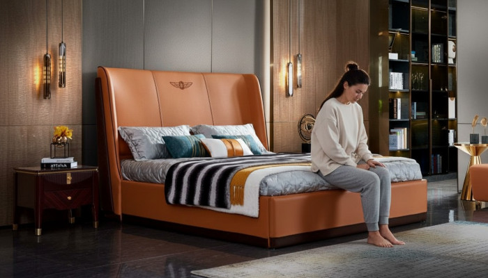 Bett 2 x Nuetsdësch Schlofkummer Orange Kreativ Modern Miwwelen Holz Luxus Better