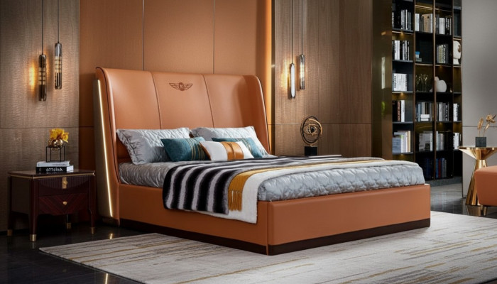 Bett 2 x Nuetsdësch Schlofkummer Orange Kreativ Modern Miwwelen Holz Luxus Better