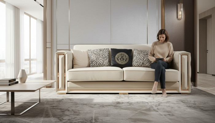 Chesterfield Sofa Beige Lieder Luxus Wunnzëmmer Design Couchen Polster