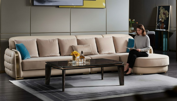 Ecksofa Lieder Beige Luxus Wunnlandschaft Canapé Eckgarnitur Sofas Miwwelen Design