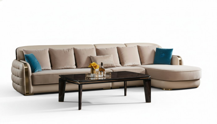 Ecksofa Lieder Beige Luxus Wunnlandschaft Canapé Eckgarnitur Sofas Miwwelen Design