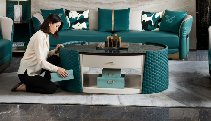 Couchtisch Holz Lieder Türkis Ovallen Modern Design Miwwel Luxus Wunnzëmmer 140x83