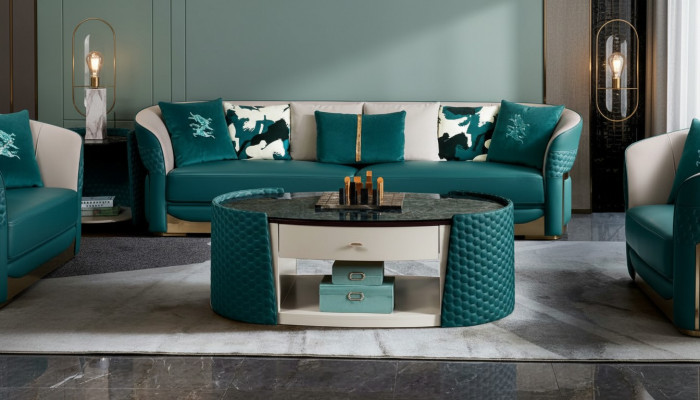 Couchtisch Holz Lieder Türkis Ovallen Modern Design Miwwel Luxus Wunnzëmmer 140x83