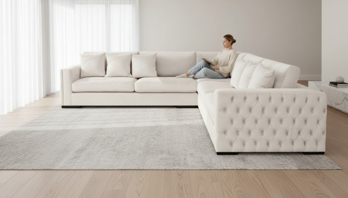 Crème Ecksofa Eckgarnitur Polster Samt Stoff Miwwel Design Wunnlandschaft Couch