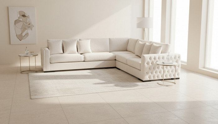 Crème Ecksofa Eckgarnitur Polster Samt Stoff Miwwel Design Wunnlandschaft Couch