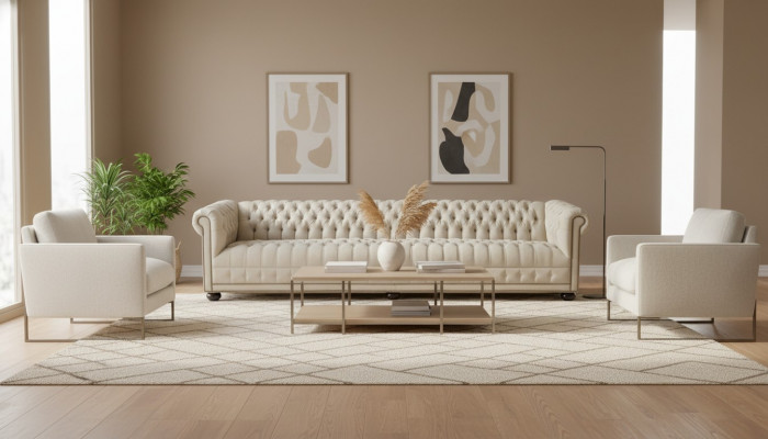 Crème Chesterfield Wunnzëmmer Véierplazeg-Design Canapé Sofa Miwwelen Stoff Sofasen