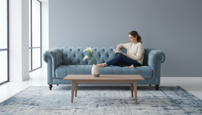 Chesterfield Türkis Design Canapéen Gepolstert Canapé Nei Drësëtzer Stoff Wunnzëmmer