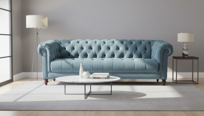 Chesterfield Türkis Design Canapéen Gepolstert Canapé Nei Drësëtzer Stoff Wunnzëmmer