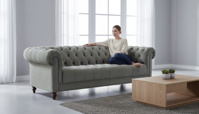 Salbeigréng Dräisëtzer Stoff Wunnzëmmer Design Polster Sofa Sofas Chesterfield