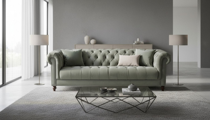 Salbeigréng Dräisëtzer Stoff Wunnzëmmer Design Polster Sofa Sofas Chesterfield