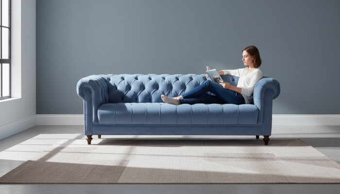 Hellblo Bauwen Dräisëtzer Stoff Chesterfield Design Couchen Polstersofae Original Nei