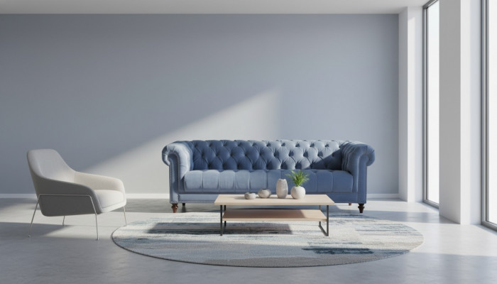 Hellblo Bauwen Dräisëtzer Stoff Chesterfield Design Couchen Polstersofae Original Nei
