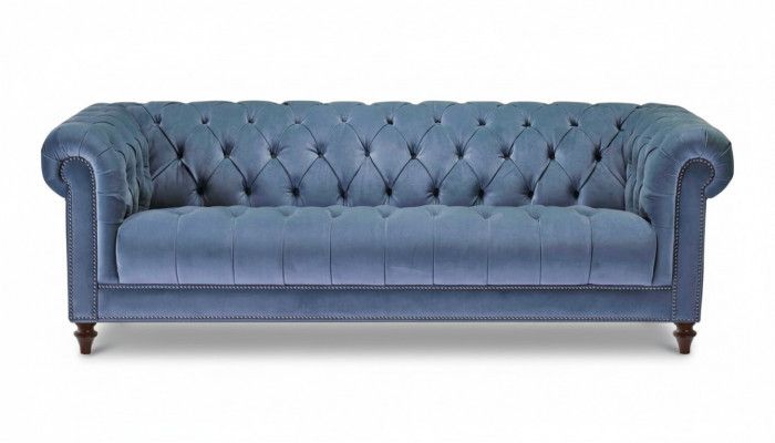Hellblo Bauwen Dräisëtzer Stoff Chesterfield Design Couchen Polstersofae Original Nei