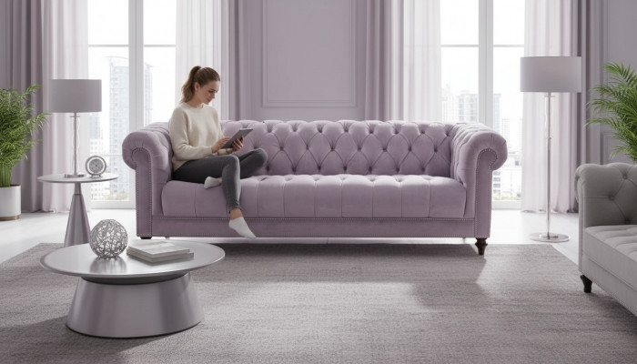 Lila Dräisëtzer Stoff Chesterfield Design Couchen Polster Sofas Original Samt