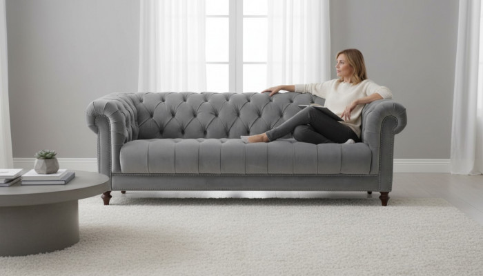 Dreisëtzer Gro Stoff Wunnzëmmer Design Couchen Polstersofa Sofas Chesterfield