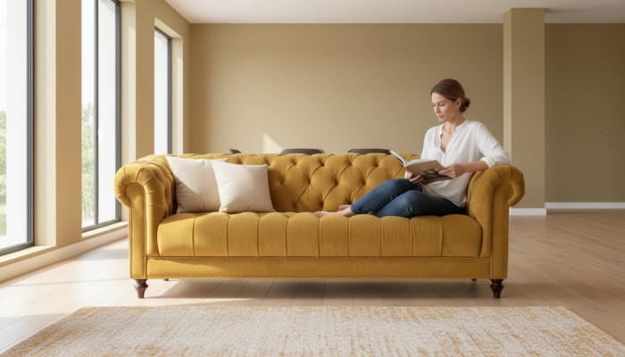Gelb Dreisitzer Stoff Wohnzimmer Design Couchen Polster Sofa Sofas Chesterfield