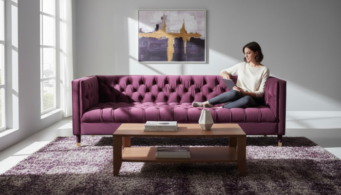 Burgund Dräisëtzer Stoff Wunnzëmmer Design Couchen Polster Canapé Chesterfield Nei