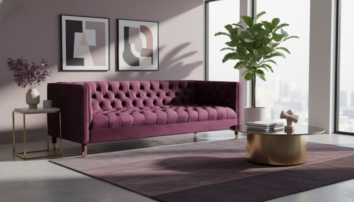 Burgund Dräisëtzer Stoff Wunnzëmmer Design Couchen Polster Canapé Chesterfield Nei