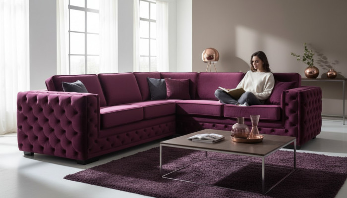 Burgund Eckcouch Chesterfield Samt Stoff Miwwel Nei Wunnzëmmer Modern Design Sofa