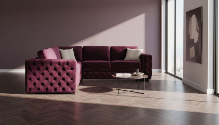 Burgund Eckcouch Chesterfield Samt Stoff Miwwel Nei Wunnzëmmer Modern Design Sofa