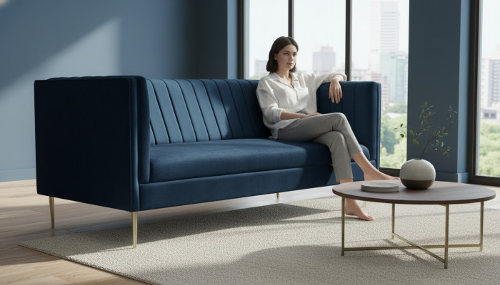 Zwee-Sëtz-Sofa Sofasen Textil Marineblo Reparatur Stoft Wunnzëmmer Design Canapéen Këssen