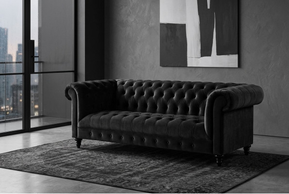 Schwaarz Samett Canapé Luxus Polster Chesterfield Miwwelen Sofa mat Knäpper Dräisëtzer