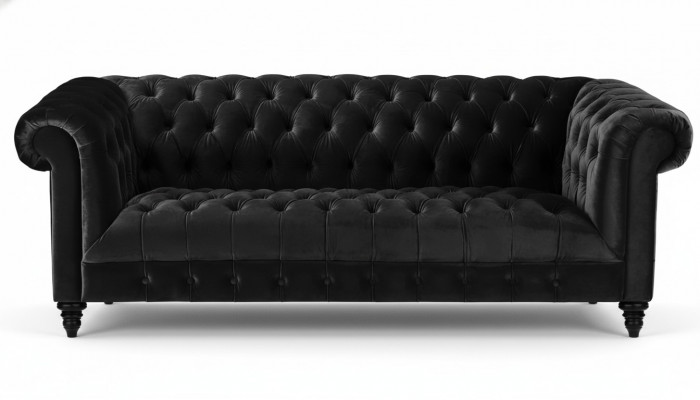Schwaarz Samett Canapé Luxus Polster Chesterfield Miwwelen Sofa mat Knäpper Dräisëtzer
