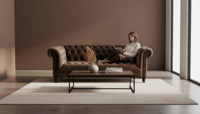 Bronge Samt Canapé Luxus Polster Chesterfield Miwwelen Sofa mat Knäpp Dreisëtzer