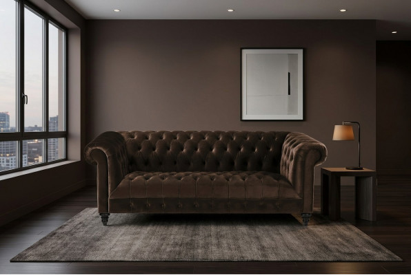 Bronge Samt Canapé Luxus Polster Chesterfield Miwwelen Sofa mat Knäpp Dreisëtzer