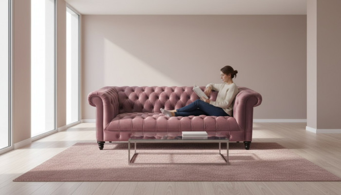 Fuchsia Samt Canapé Luxus Polster Chesterfield Miwwel Sofa mat Knäpper Dreisëtzer