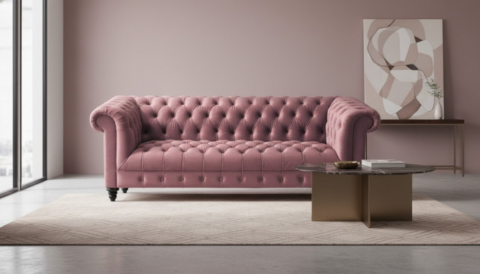 Fuchsia Samt Canapé Luxus Polster Chesterfield Miwwel Sofa mat Knäpper Dreisëtzer
