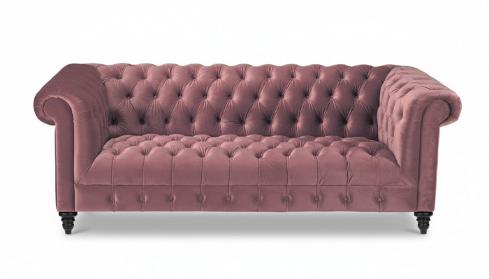 Fuchsia Samt Canapé Luxus Polster Chesterfield Miwwel Sofa mat Knäpper Dreisëtzer