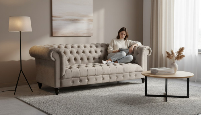 Béiges Sammet-Canapé Luxus Polster Chesterfield Miwwel Sofa mat Knäpper Draplazersofa
