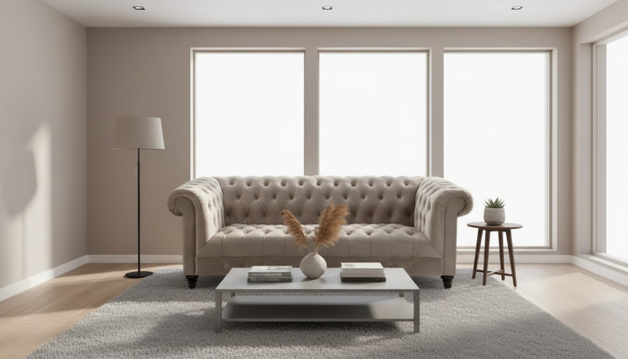 Béiges Sammet-Canapé Luxus Polster Chesterfield Miwwel Sofa mat Knäpper Draplazersofa
