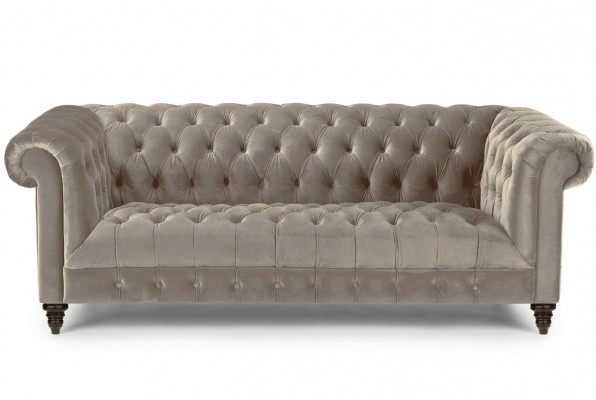Béiges Sammet-Canapé Luxus Polster Chesterfield Miwwel Sofa mat Knäpper Draplazersofa