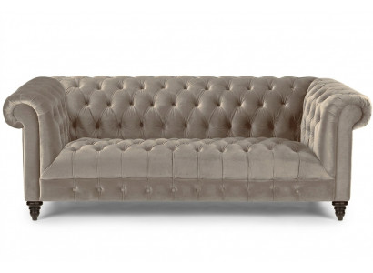 Béiges Sammet-Canapé Luxus Polster Chesterfield Miwwel Sofa mat Knäpper Draplazersofa