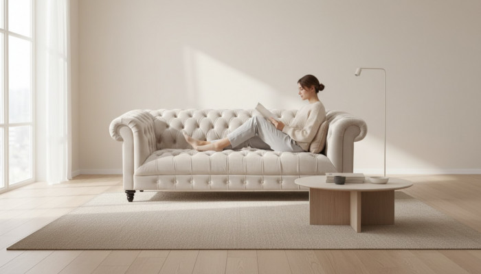 Chesterfield Béigen Samt Canapé Luxus Polster Miwwelen Sofa mat Knäppchen Dräisëtzert