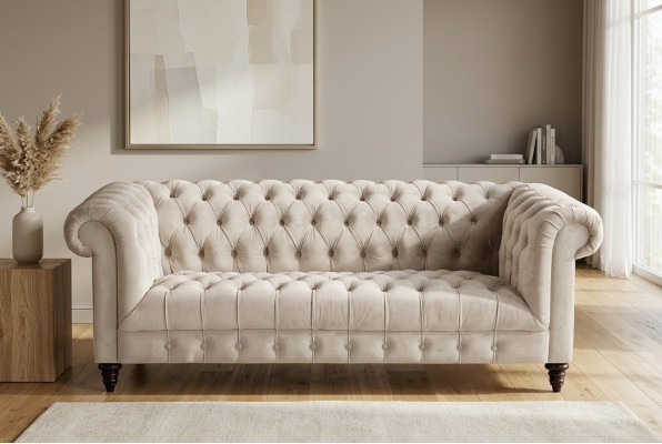 Chesterfield Béigen Samt Canapé Luxus Polster Miwwelen Sofa mat Knäppchen Dräisëtzert