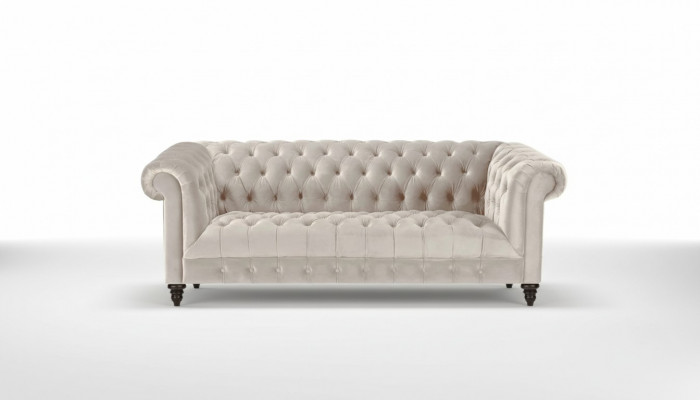 Chesterfield Béigen Samt Canapé Luxus Polster Miwwelen Sofa mat Knäppchen Dräisëtzert