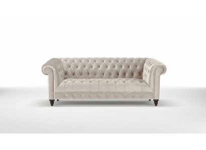 Chesterfield Béigen Samt Canapé Luxus Polster Miwwelen Sofa mat Knäppchen Dräisëtzert