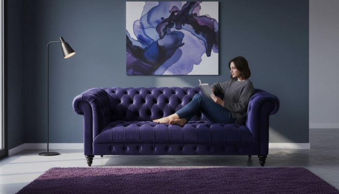 Chesterfield Lila Samt Canapé Luxus Polster Miwwel Sofa mat Knäppercher Drësëtzer