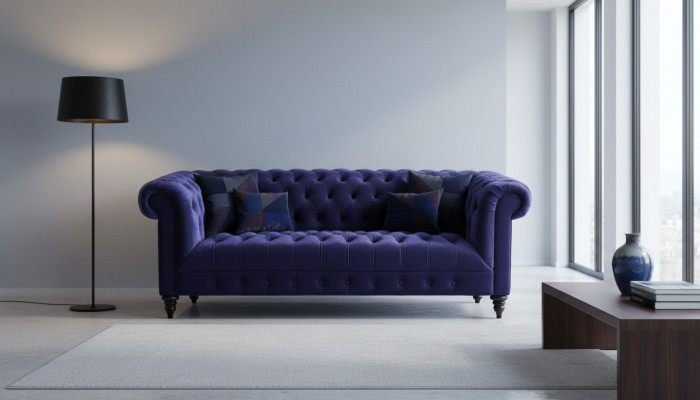 Chesterfield Lila Samt Canapé Luxus Polster Miwwel Sofa mat Knäppercher Drësëtzer