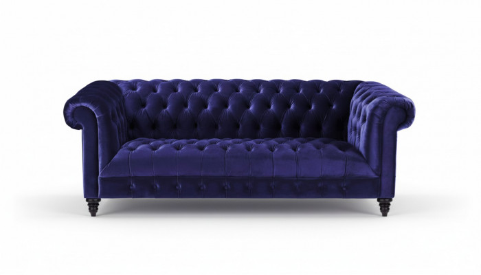 Chesterfield Lila Samt Canapé Luxus Polster Miwwel Sofa mat Knäppercher Drësëtzer