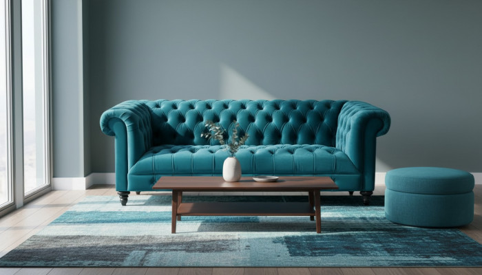 Chesterfield türkis Samt Canapé Luxus Polstermöbel Dräisëtzer Sofa mat Knäppercher