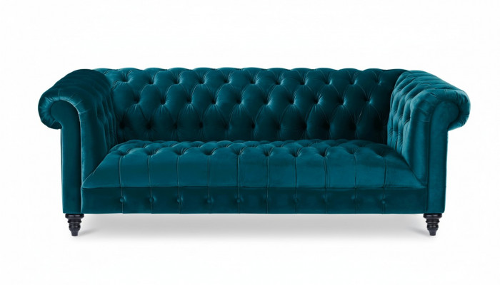 Chesterfield türkis Samt Canapé Luxus Polstermöbel Dräisëtzer Sofa mat Knäppercher