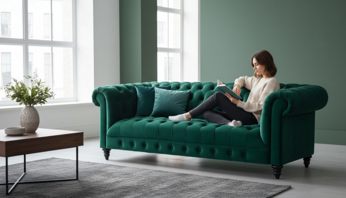 Chesterfield Tierkisblo Couch Luxus Polster Miwwel Sofa mat Knäpp Dreisëtzer Samt