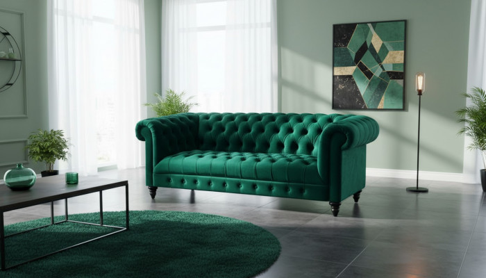 Chesterfield Tierkisblo Couch Luxus Polster Miwwel Sofa mat Knäpp Dreisëtzer Samt