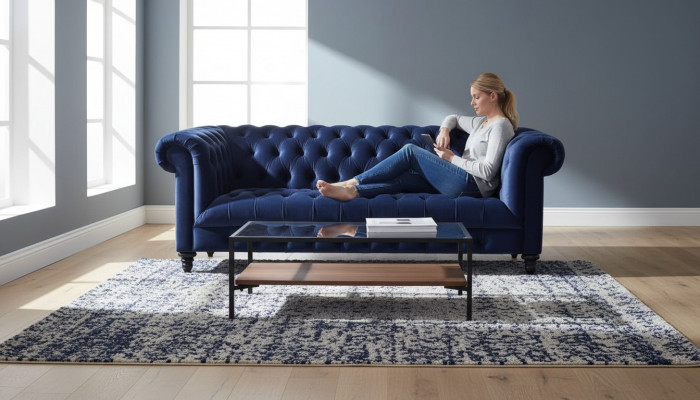 Marinebloën Dräisëtzer Stoff Chesterfield Design Couche Polstersofa 220cm Neit