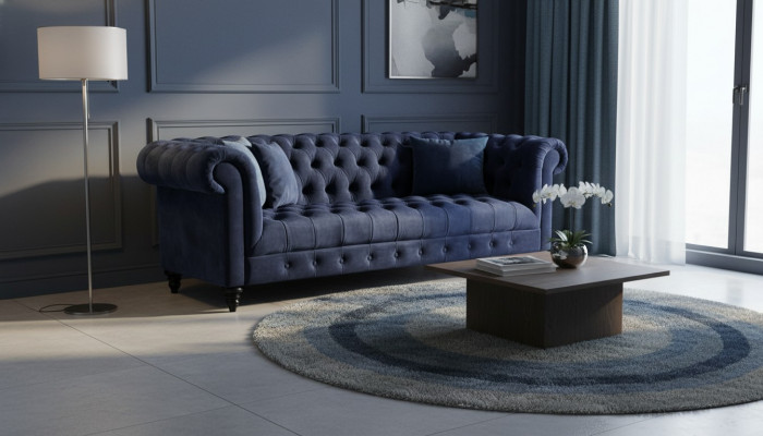 Marinebloën Dräisëtzer Stoff Chesterfield Design Couche Polstersofa 220cm Neit